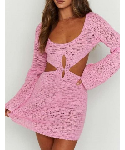 Women Knit Mini Dress Sexy Backless Wool Short Dresses Long Sleeve Fall Winter Outfits Female Elegant Christmas Wear X Pink $...