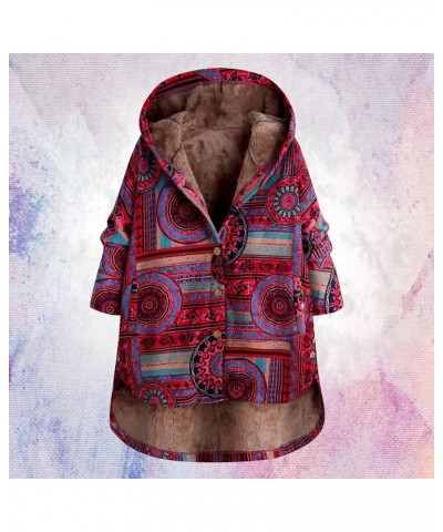 RMXEi Ladies Long Sleeve Zipper Hooded Thick Composite Plush Vintage Flower Print Plus Size Hooded Jacket Wine-3 $20.68 Jackets