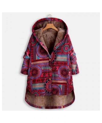 RMXEi Ladies Long Sleeve Zipper Hooded Thick Composite Plush Vintage Flower Print Plus Size Hooded Jacket Wine-3 $20.68 Jackets