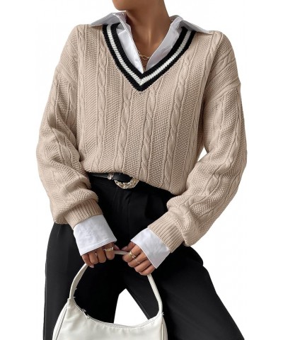 Women's V Neck Striped Drop Shoulder Long Sleeve Sweater Knit Tops Pullover Khaki $21.23 Sweaters