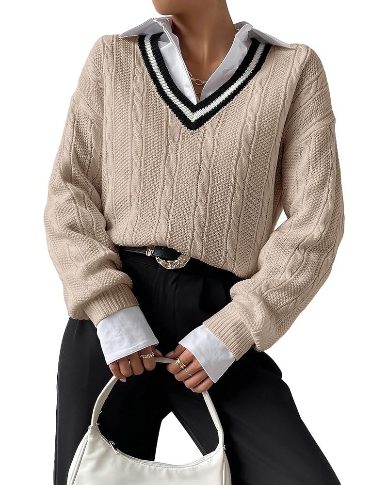 Women's V Neck Striped Drop Shoulder Long Sleeve Sweater Knit Tops Pullover Khaki $21.23 Sweaters