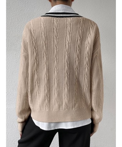 Women's V Neck Striped Drop Shoulder Long Sleeve Sweater Knit Tops Pullover Khaki $21.23 Sweaters