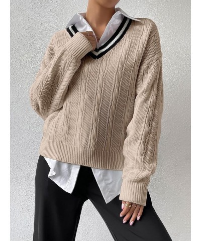 Women's V Neck Striped Drop Shoulder Long Sleeve Sweater Knit Tops Pullover Khaki $21.23 Sweaters