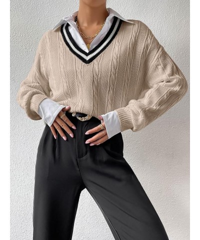 Women's V Neck Striped Drop Shoulder Long Sleeve Sweater Knit Tops Pullover Khaki $21.23 Sweaters