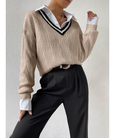 Women's V Neck Striped Drop Shoulder Long Sleeve Sweater Knit Tops Pullover Khaki $21.23 Sweaters