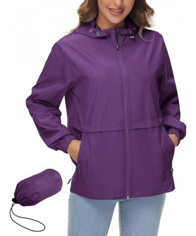 Womens Waterproof Rain Jacket Lightweight Raincoat Packable Hooded Outdoor Windbreaker Purple Raincoat $20.71 Coats