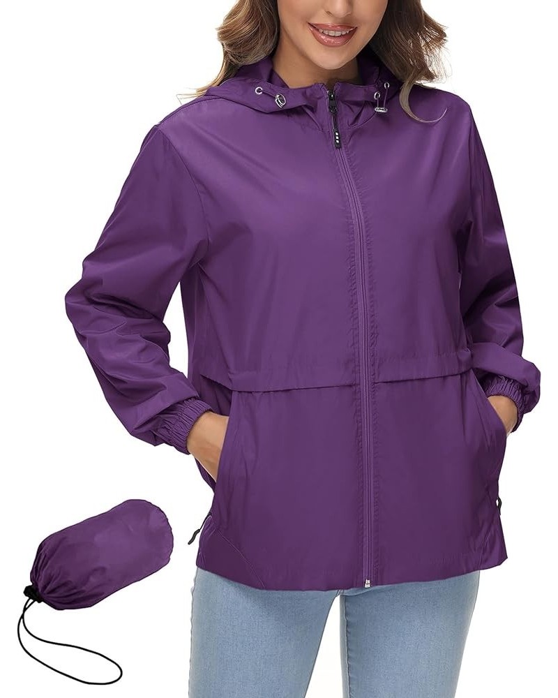 Womens Waterproof Rain Jacket Lightweight Raincoat Packable Hooded Outdoor Windbreaker Purple Raincoat $20.71 Coats