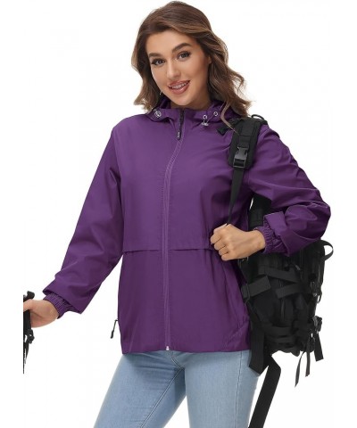 Womens Waterproof Rain Jacket Lightweight Raincoat Packable Hooded Outdoor Windbreaker Purple Raincoat $20.71 Coats