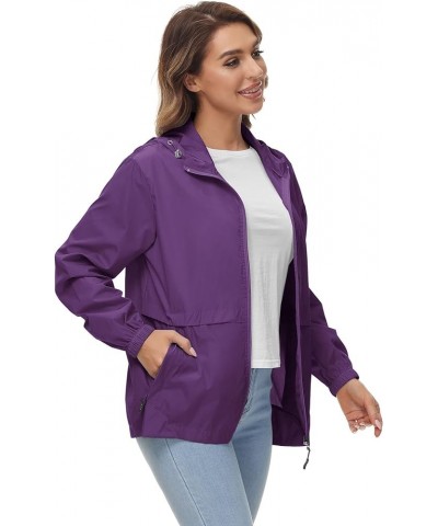 Womens Waterproof Rain Jacket Lightweight Raincoat Packable Hooded Outdoor Windbreaker Purple Raincoat $20.71 Coats