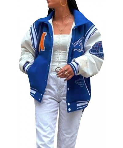 Women's Oversized Baseball Jacket Long Sleeve Bomber Jacket Fashion Letter Embroidered Coat Top Blue White $11.89 Jackets