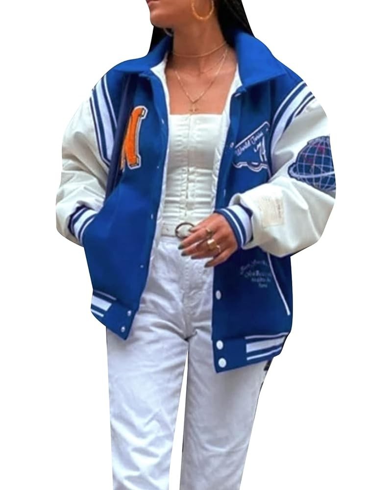 Women's Oversized Baseball Jacket Long Sleeve Bomber Jacket Fashion Letter Embroidered Coat Top Blue White $11.89 Jackets