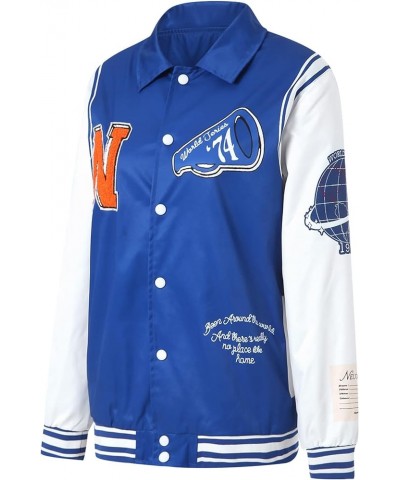 Women's Oversized Baseball Jacket Long Sleeve Bomber Jacket Fashion Letter Embroidered Coat Top Blue White $11.89 Jackets