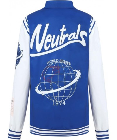 Women's Oversized Baseball Jacket Long Sleeve Bomber Jacket Fashion Letter Embroidered Coat Top Blue White $11.89 Jackets