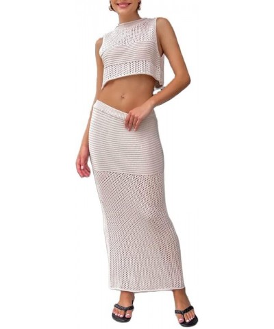 Women Crochet Knit 2 Piece Long Skirt Sets Hollow Out Crop Top Bodycon High Waist Side Slit Maxi Skirt Summer Sets B-beige $1...