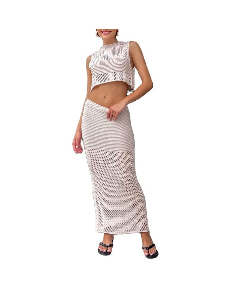 Women Crochet Knit 2 Piece Long Skirt Sets Hollow Out Crop Top Bodycon High Waist Side Slit Maxi Skirt Summer Sets B-beige $1...