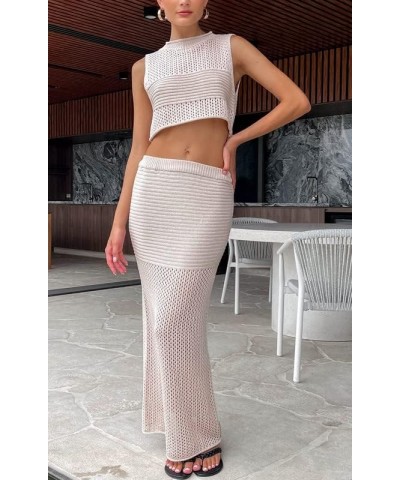 Women Crochet Knit 2 Piece Long Skirt Sets Hollow Out Crop Top Bodycon High Waist Side Slit Maxi Skirt Summer Sets B-beige $1...