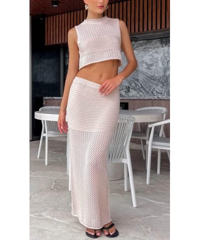 Women Crochet Knit 2 Piece Long Skirt Sets Hollow Out Crop Top Bodycon High Waist Side Slit Maxi Skirt Summer Sets B-beige $1...