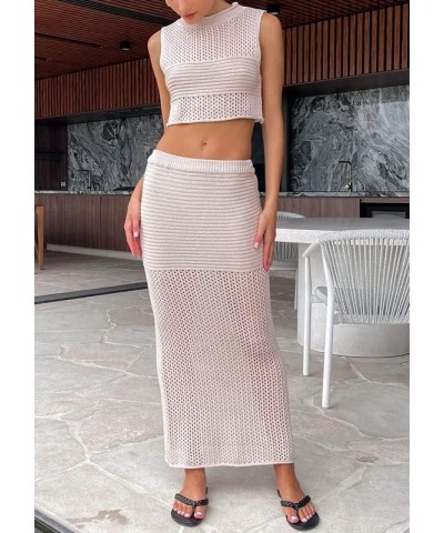 Women Crochet Knit 2 Piece Long Skirt Sets Hollow Out Crop Top Bodycon High Waist Side Slit Maxi Skirt Summer Sets B-beige $1...