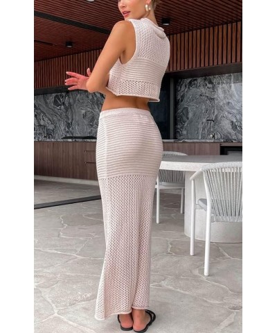 Women Crochet Knit 2 Piece Long Skirt Sets Hollow Out Crop Top Bodycon High Waist Side Slit Maxi Skirt Summer Sets B-beige $1...