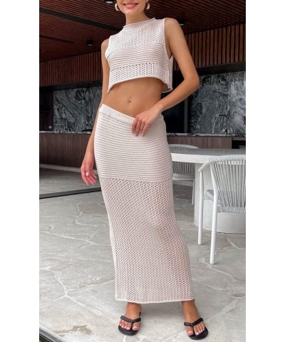 Women Crochet Knit 2 Piece Long Skirt Sets Hollow Out Crop Top Bodycon High Waist Side Slit Maxi Skirt Summer Sets B-beige $1...