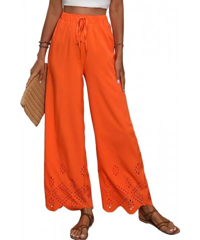 Women's Eyelet Elastic High Waist Scallop Hem Wide Leg Palazzo Pants Trousers Orange $16.23 Pants