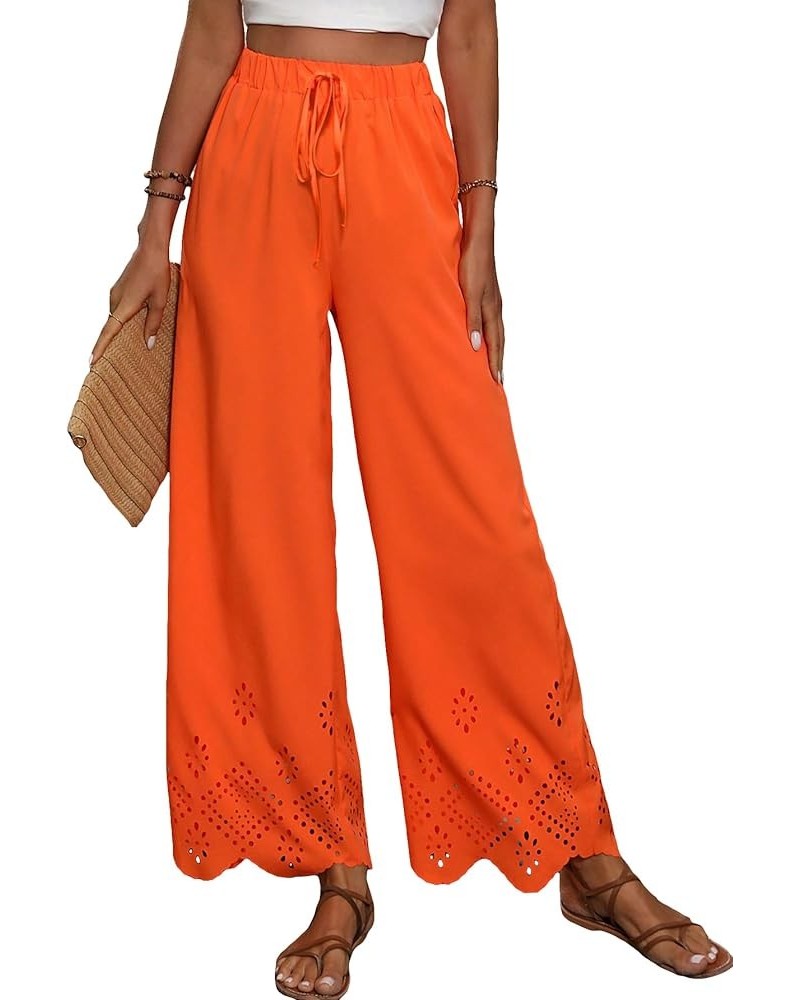 Women's Eyelet Elastic High Waist Scallop Hem Wide Leg Palazzo Pants Trousers Orange $16.23 Pants