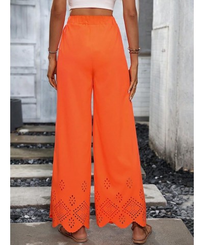 Women's Eyelet Elastic High Waist Scallop Hem Wide Leg Palazzo Pants Trousers Orange $16.23 Pants