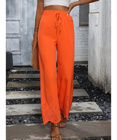 Women's Eyelet Elastic High Waist Scallop Hem Wide Leg Palazzo Pants Trousers Orange $16.23 Pants