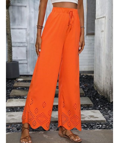 Women's Eyelet Elastic High Waist Scallop Hem Wide Leg Palazzo Pants Trousers Orange $16.23 Pants