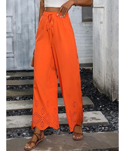 Women's Eyelet Elastic High Waist Scallop Hem Wide Leg Palazzo Pants Trousers Orange $16.23 Pants