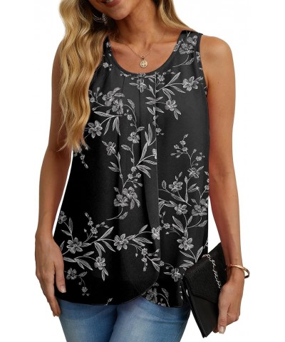 Womens Summer Tank Tops Sleeveless Chiffon Double Layers Blouse Loose Round Neck Casual Shirts 11 White Leaf Black $17.99 Tanks