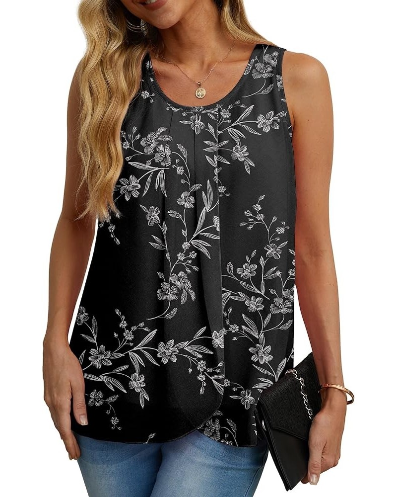 Womens Summer Tank Tops Sleeveless Chiffon Double Layers Blouse Loose Round Neck Casual Shirts 11 White Leaf Black $17.99 Tanks