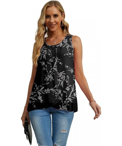 Womens Summer Tank Tops Sleeveless Chiffon Double Layers Blouse Loose Round Neck Casual Shirts 11 White Leaf Black $17.99 Tanks