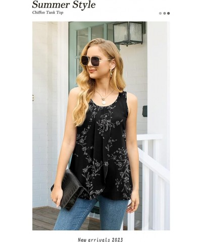 Womens Summer Tank Tops Sleeveless Chiffon Double Layers Blouse Loose Round Neck Casual Shirts 11 White Leaf Black $17.99 Tanks