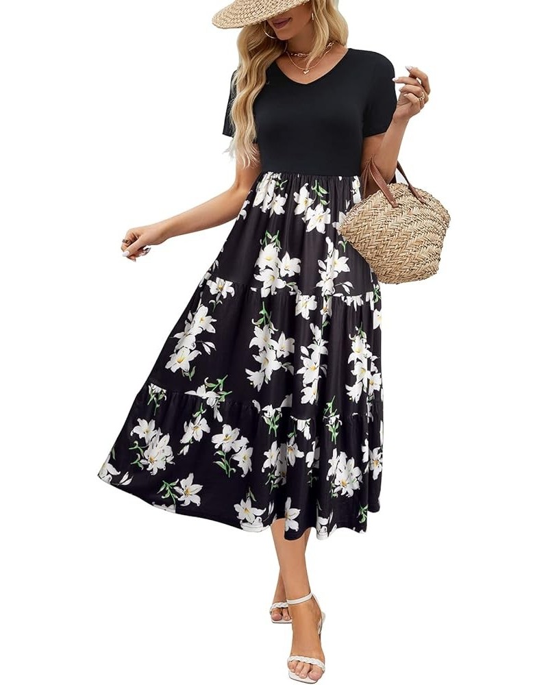 Women's Casual Midi Dress for Women Short Sleeve Hight Waist Loose Bohemian Summer Beach Swing Dresses with Pocket Black Flor...