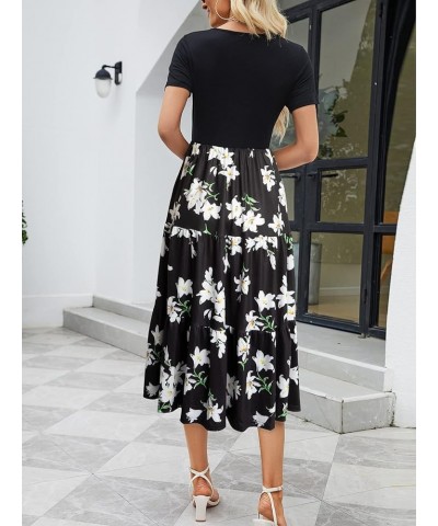 Women's Casual Midi Dress for Women Short Sleeve Hight Waist Loose Bohemian Summer Beach Swing Dresses with Pocket Black Flor...