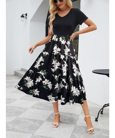 Women's Casual Midi Dress for Women Short Sleeve Hight Waist Loose Bohemian Summer Beach Swing Dresses with Pocket Black Flor...