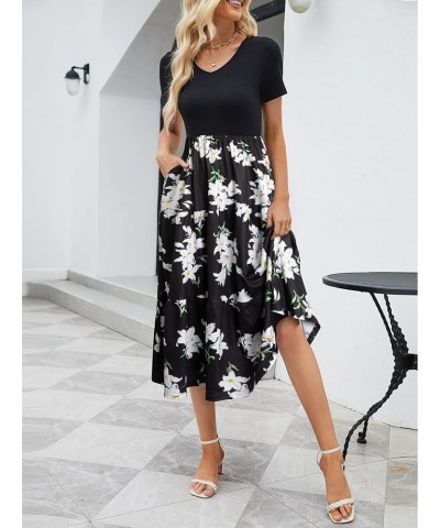 Women's Casual Midi Dress for Women Short Sleeve Hight Waist Loose Bohemian Summer Beach Swing Dresses with Pocket Black Flor...