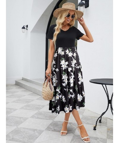 Women's Casual Midi Dress for Women Short Sleeve Hight Waist Loose Bohemian Summer Beach Swing Dresses with Pocket Black Flor...