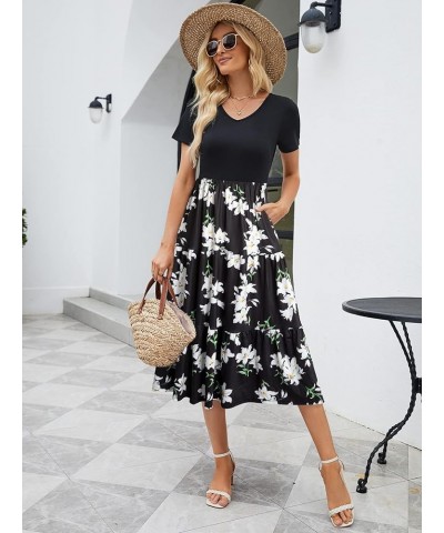 Women's Casual Midi Dress for Women Short Sleeve Hight Waist Loose Bohemian Summer Beach Swing Dresses with Pocket Black Flor...