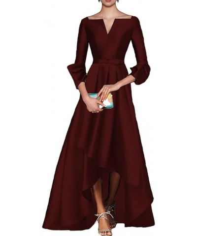 A-Line Evening Gown High Low Elegant Dress Fall Wedding Guest Dress Satin with Bow(s) 2023 LY039 Burgundy $63.45 Dresses