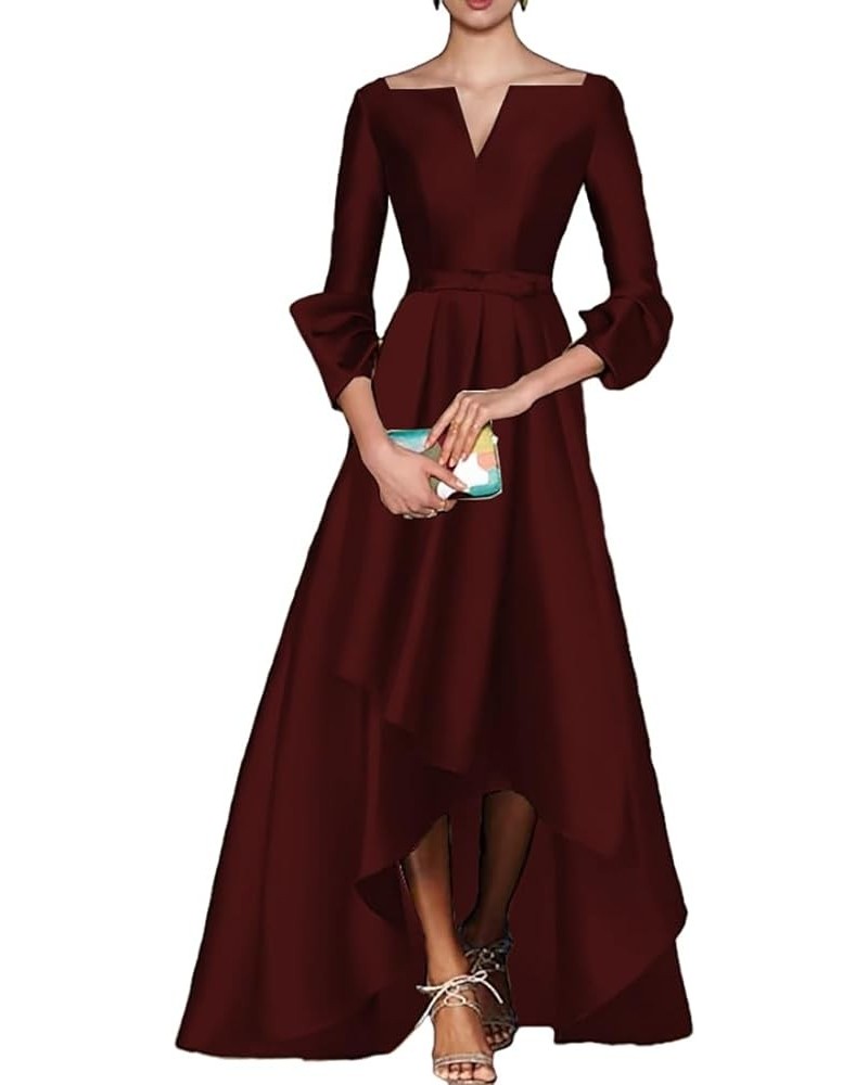 A-Line Evening Gown High Low Elegant Dress Fall Wedding Guest Dress Satin with Bow(s) 2023 LY039 Burgundy $63.45 Dresses