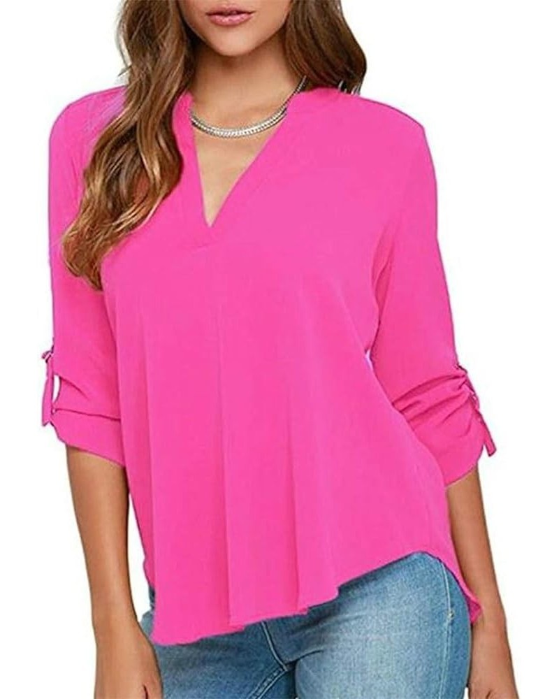 Womens Long Cuffed Sleeve Notch V Neck Chiffon Solid Color Tops Blouse Rose $12.47 Tops