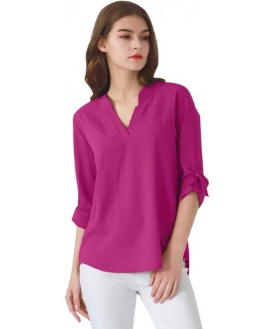 Womens Long Cuffed Sleeve Notch V Neck Chiffon Solid Color Tops Blouse Rose $12.47 Tops