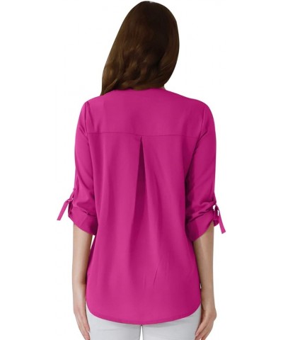 Womens Long Cuffed Sleeve Notch V Neck Chiffon Solid Color Tops Blouse Rose $12.47 Tops