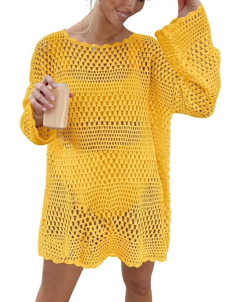 Women Swimsuit Crochet Hollow Out Swim Cover Up Bikini Swimwear Knit Mesh Tunic Beach Dress Dark Khaki $20.50 Swimsuits