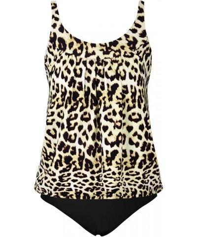 Women's Tankini Swimsuits Tummy Control Two Piece Bathing Suits Loose Fit Flowy Tankini Top Swimwear with Shorts Leopard Patt...