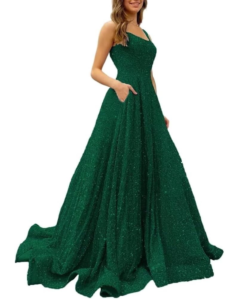 Women's A-line Glitter Long Prom Dress, Sequins Formal Evening Ball Gown Wedding Bridesmaid Dress Dark Green $47.94 Dresses