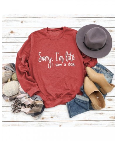 Sorry I'm Late I Saw A Dog Sweatshirt Women Funny Dog Lover Sweatshirts Casual Crew Neck Long Sleeve Dog Mom Graphic Tops Sor...