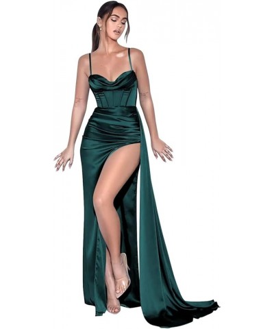 Spaghetti Straps Mermaid Prom Dresses Long Ball Gown Pleated Bridesmaid Dress Satin Formal Party Gown with Slit Teal $27.26 Bras